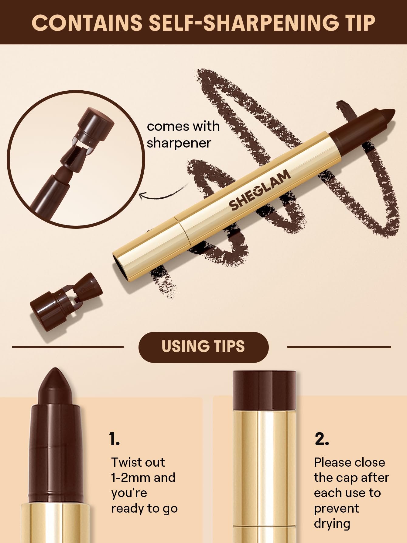 SHEGLAM brown pencil in use along lashline offering defined eye enhancement