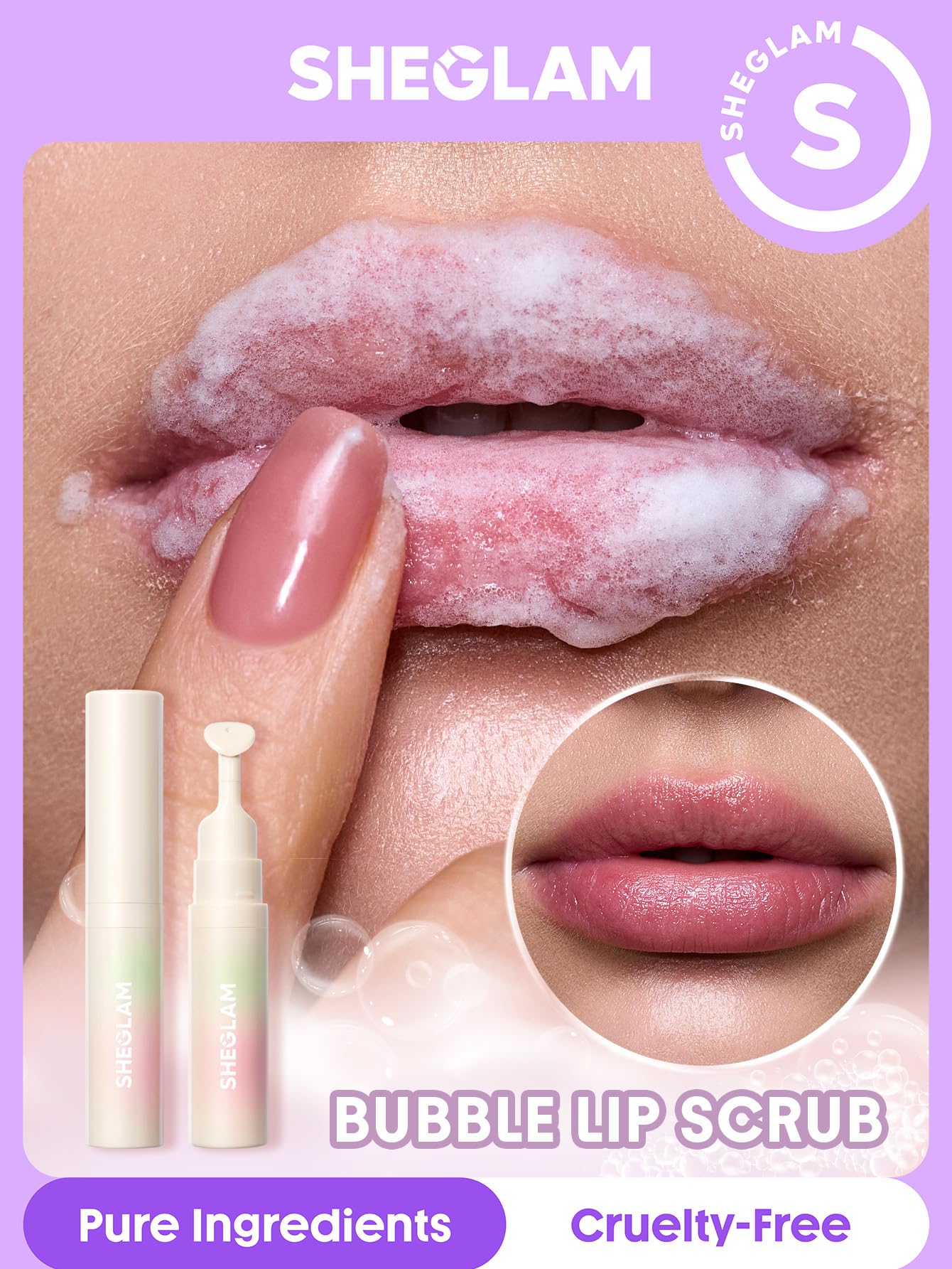 SHEGLAM close-up texture revealing fine scrub particles for gentle smoothing benefits