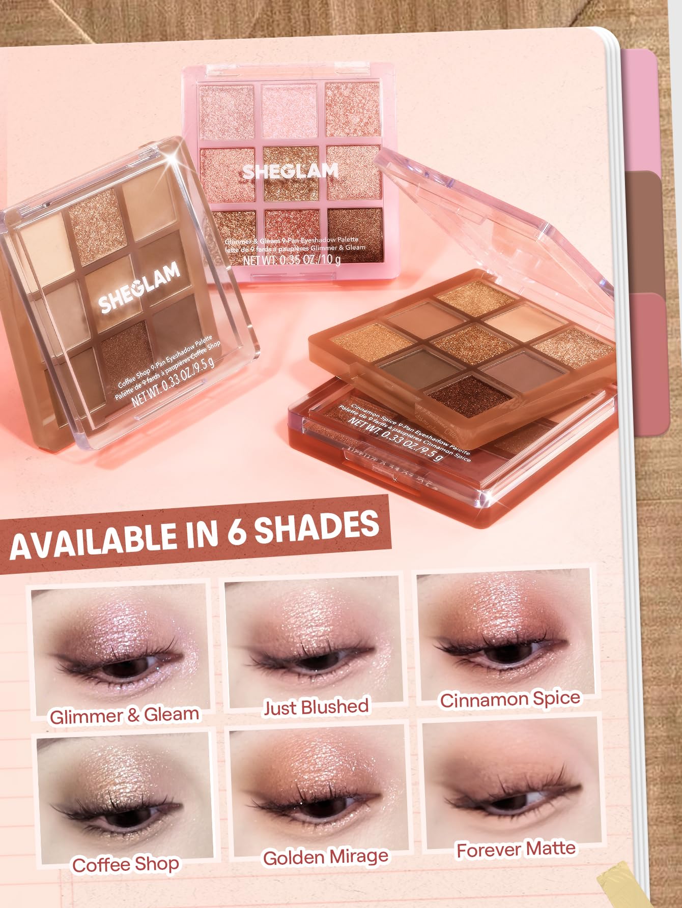 Close-up of SHEGLAM pan textures highlighting pigmented matte and shimmer finishes