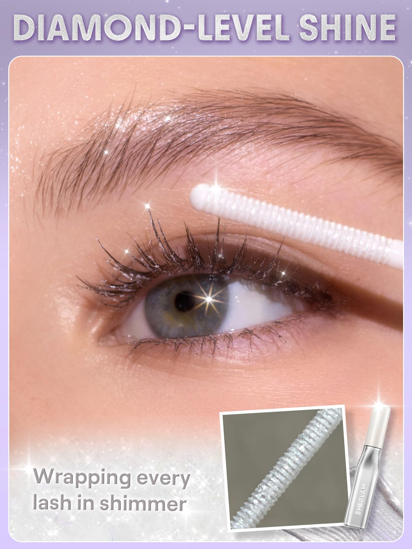 SHEGLAM wand close-up highlighting custom-shaped brush for even shimmer