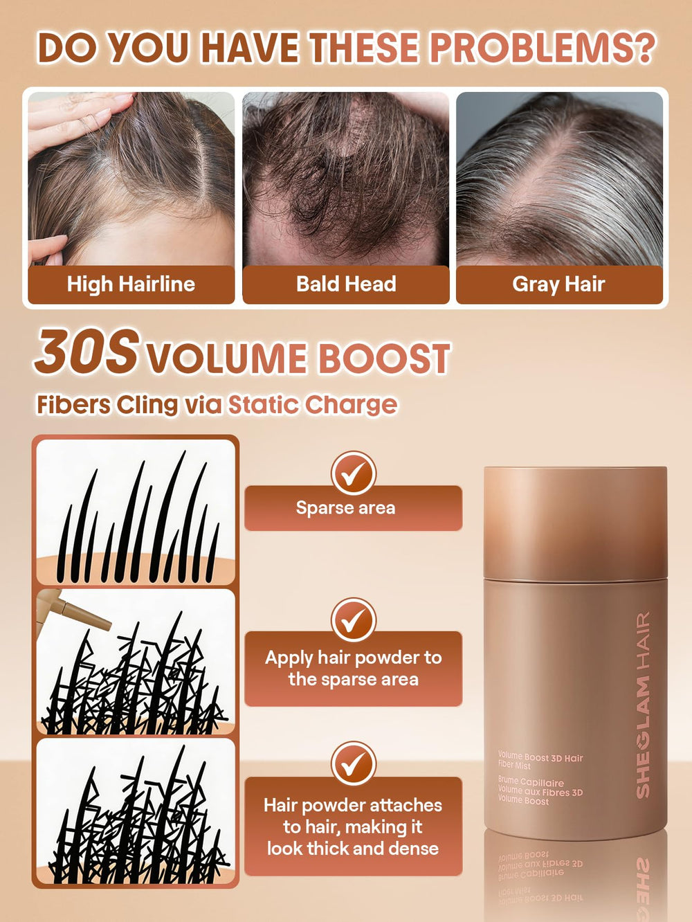 SHEGLAM product applied to scalp demonstrating quick concealment benefit