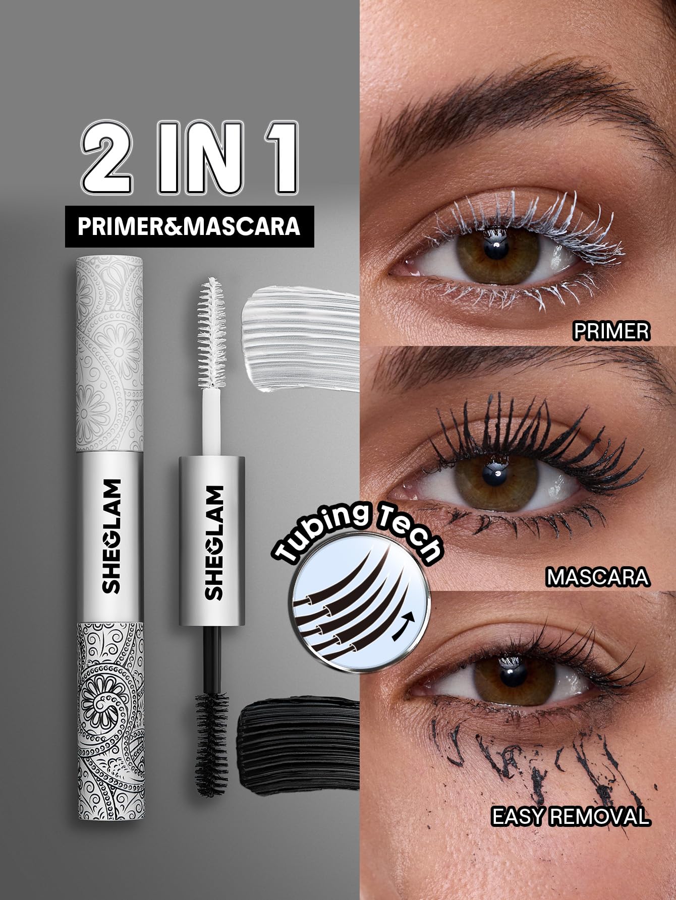 SHEGLAM open dual-ended wand close-up showing primer brush, precise application benefit