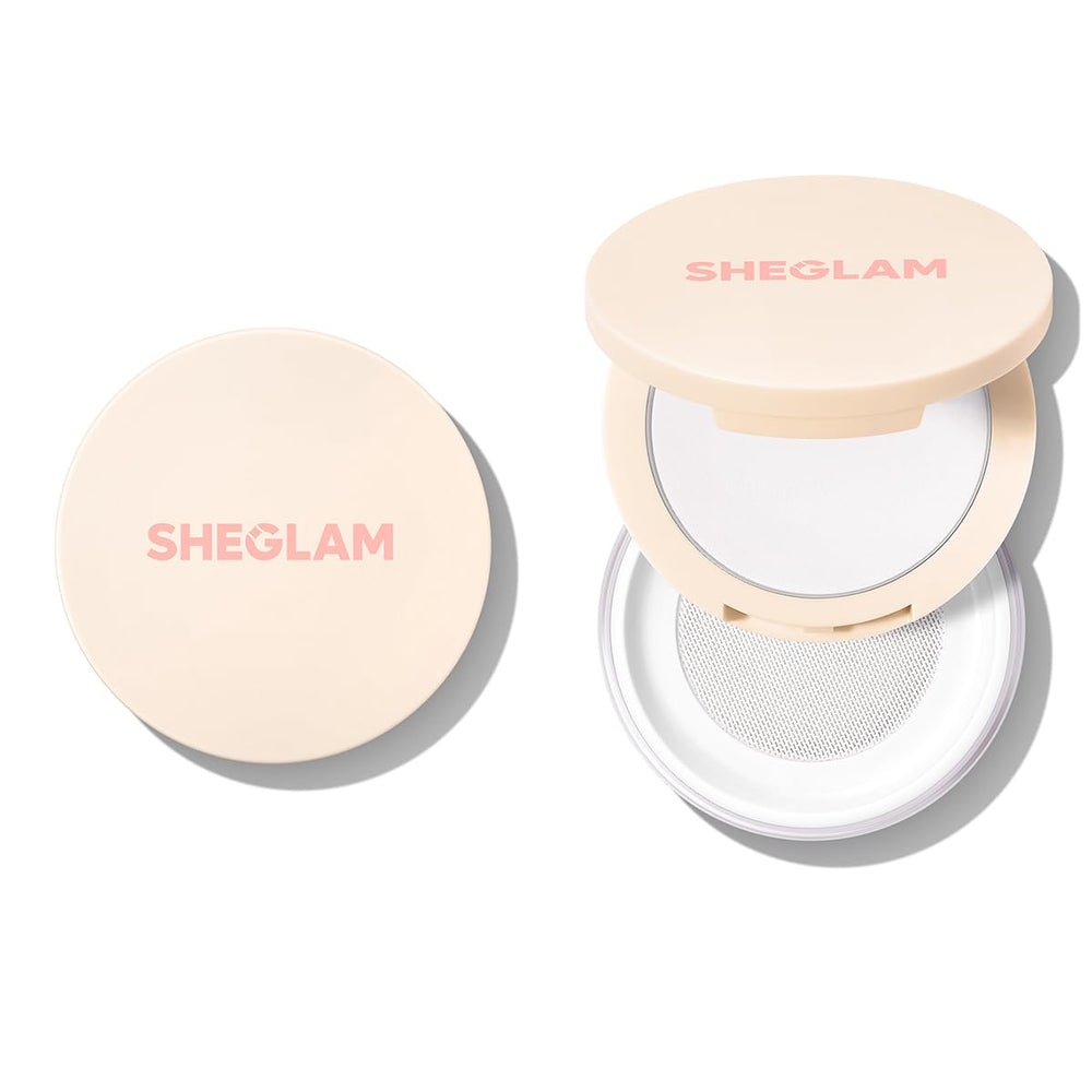 SHEGLAM compact front view showing sleek packaging and dual powders for convenience