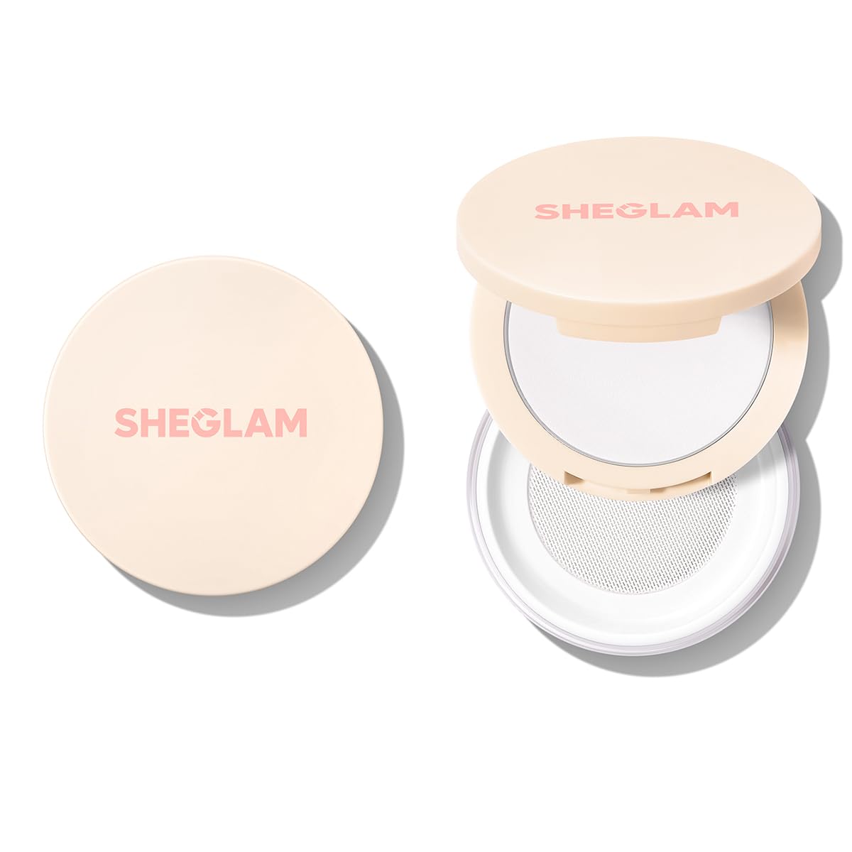 SHEGLAM compact front view showing sleek packaging and dual powders for convenience