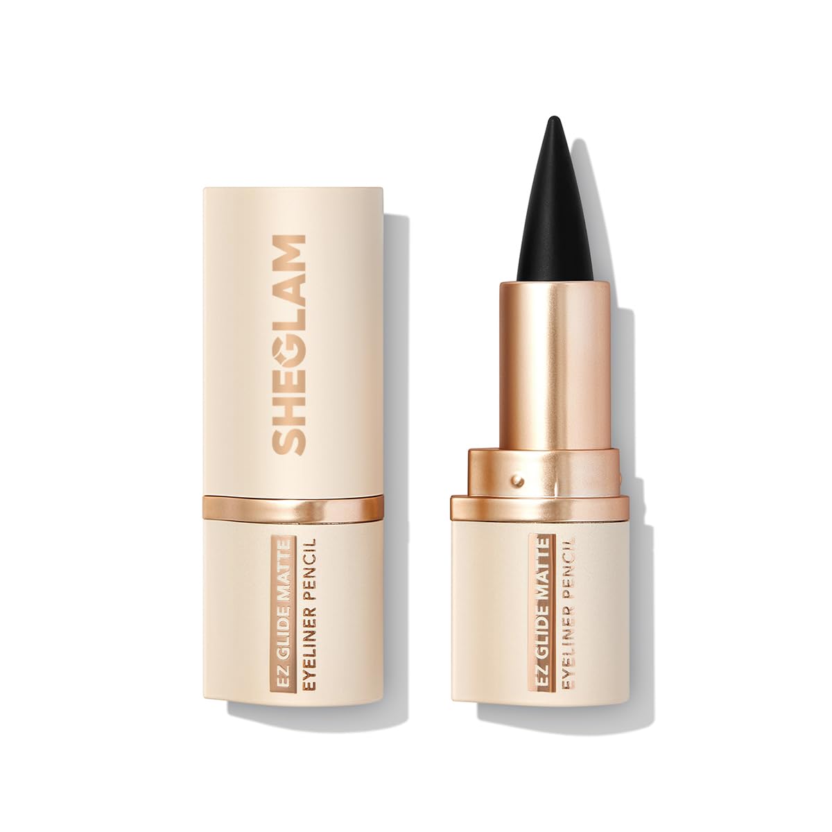 SHEGLAM pencil front view showing matte black tip and ready-to-use benefit