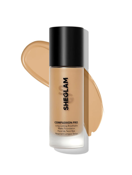 SHEGLAM foundation bottle front Caramel shows shade and full-coverage finish