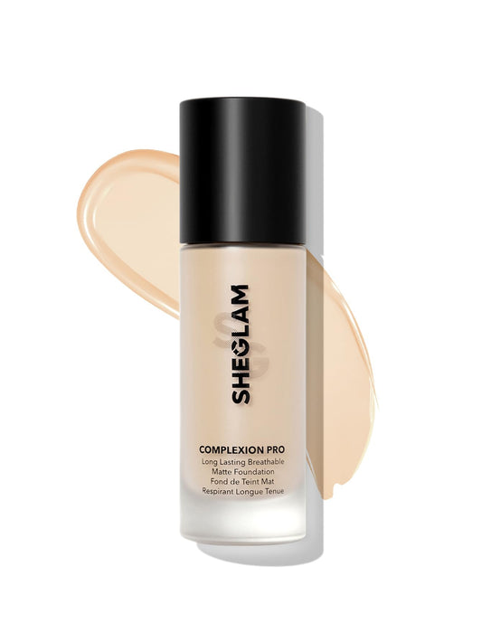 SHEGLAM bottle front view showing shade Porcelain and clean packaging benefit