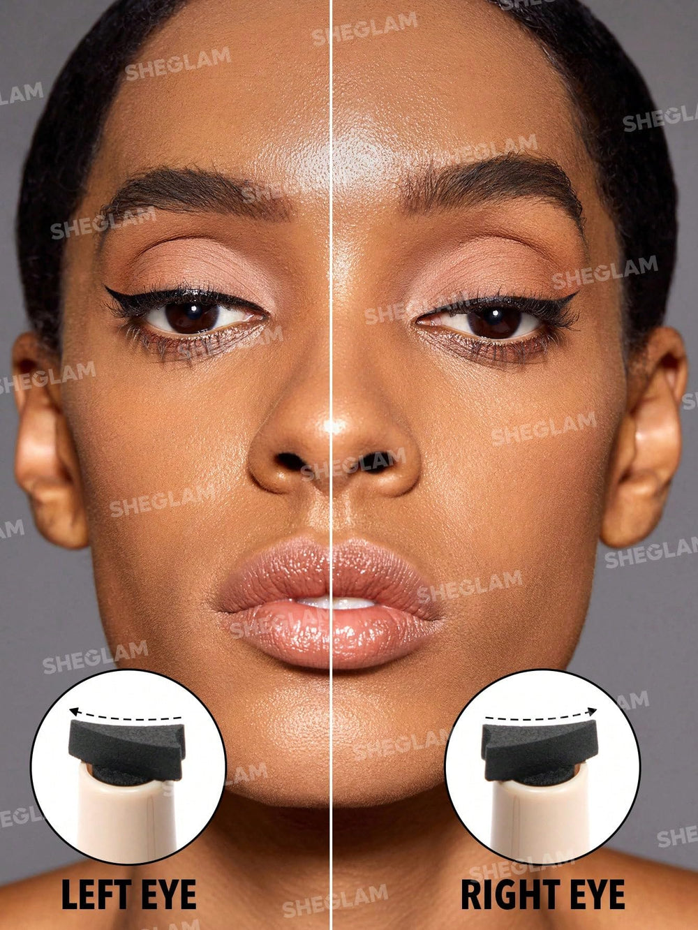 SHEGLAM model using the eye stamp to create a sharp waterproof wing