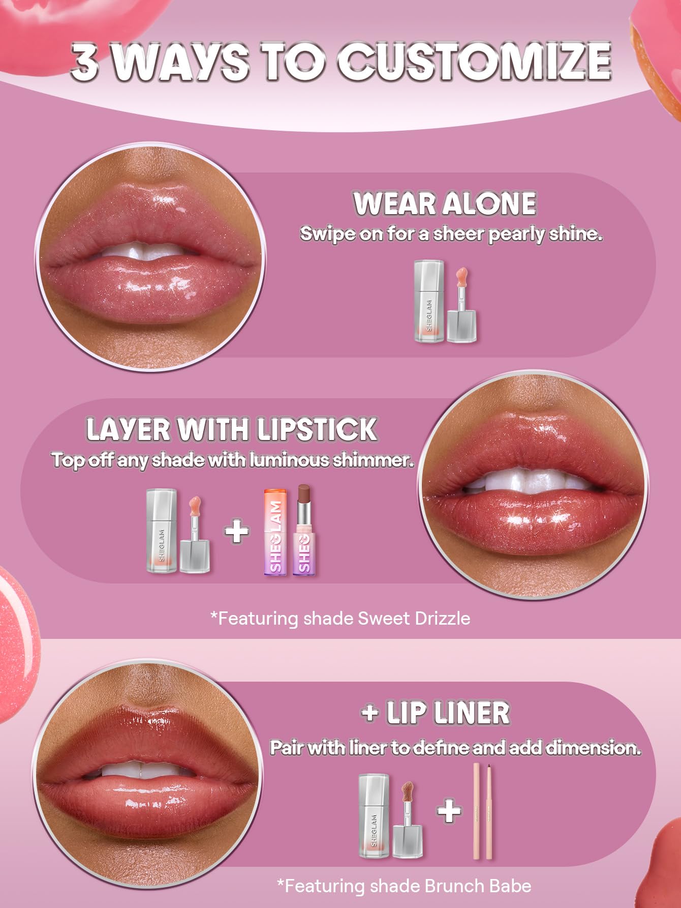 SHEGLAM on lips styled photo showing reflective glass-look benefit