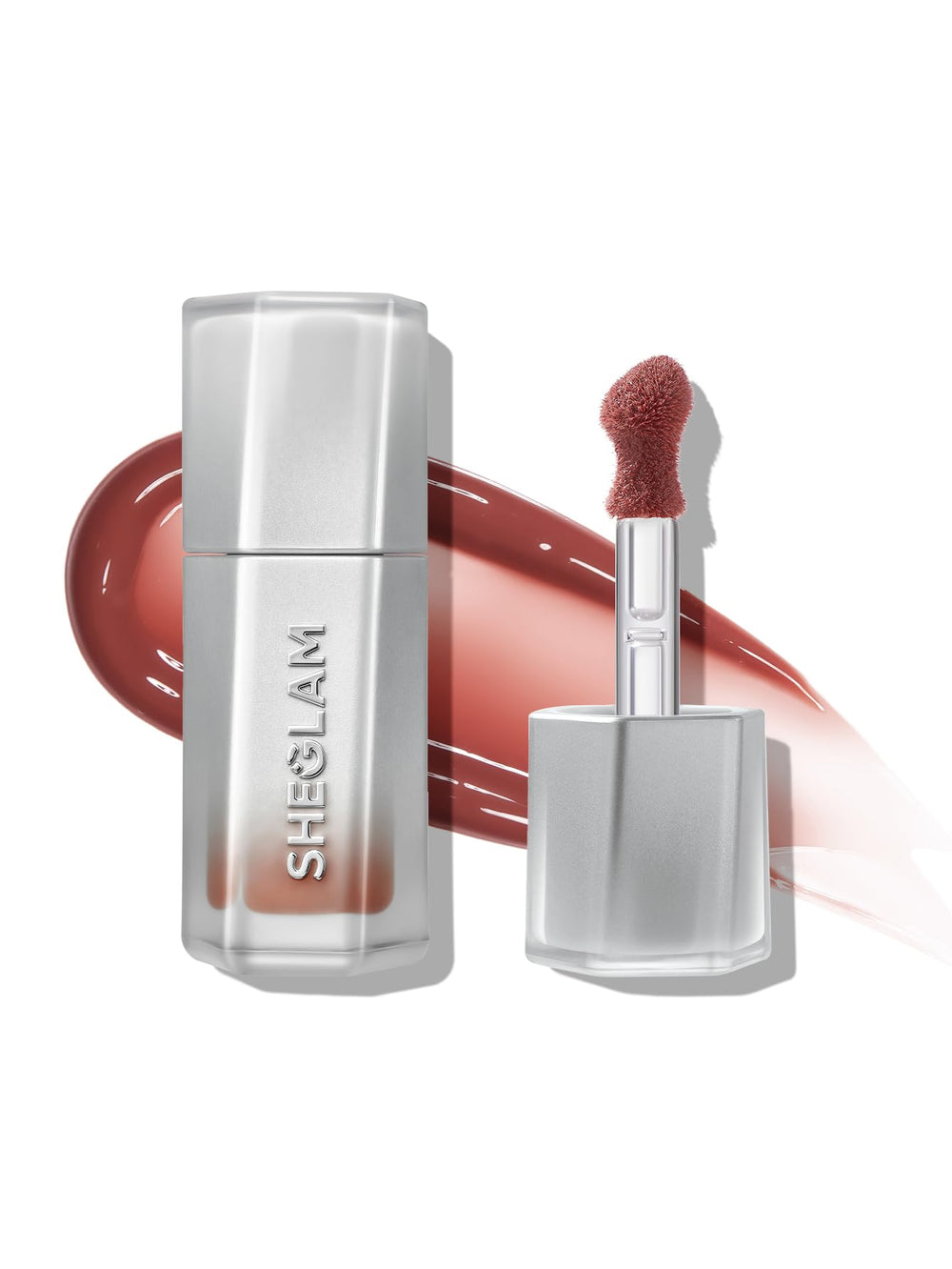 SHEGLAM front packaging showing glossy tube and shade, highlights product appeal