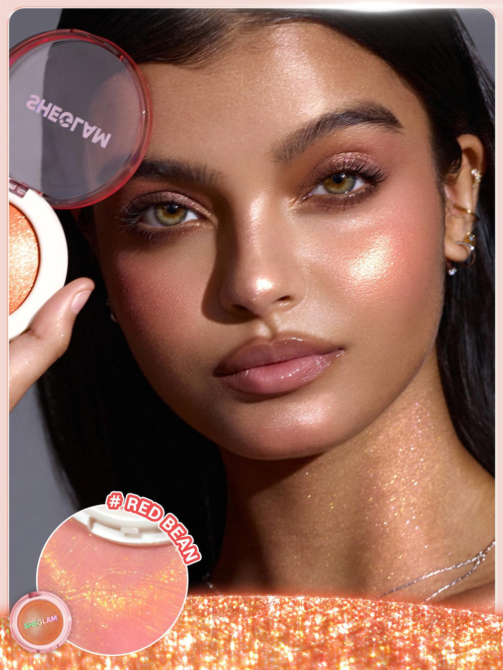 SHEGLAM Glowchi applied on cheek in lifestyle shot showing natural luminous finish