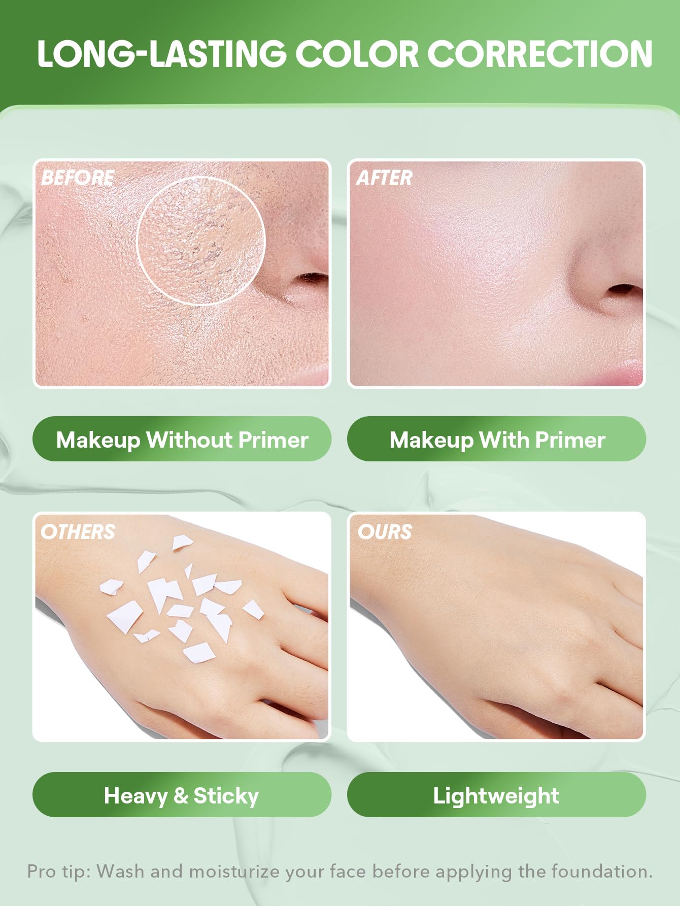 SHEGLAM green primer blended swatch illustrating redness neutralization