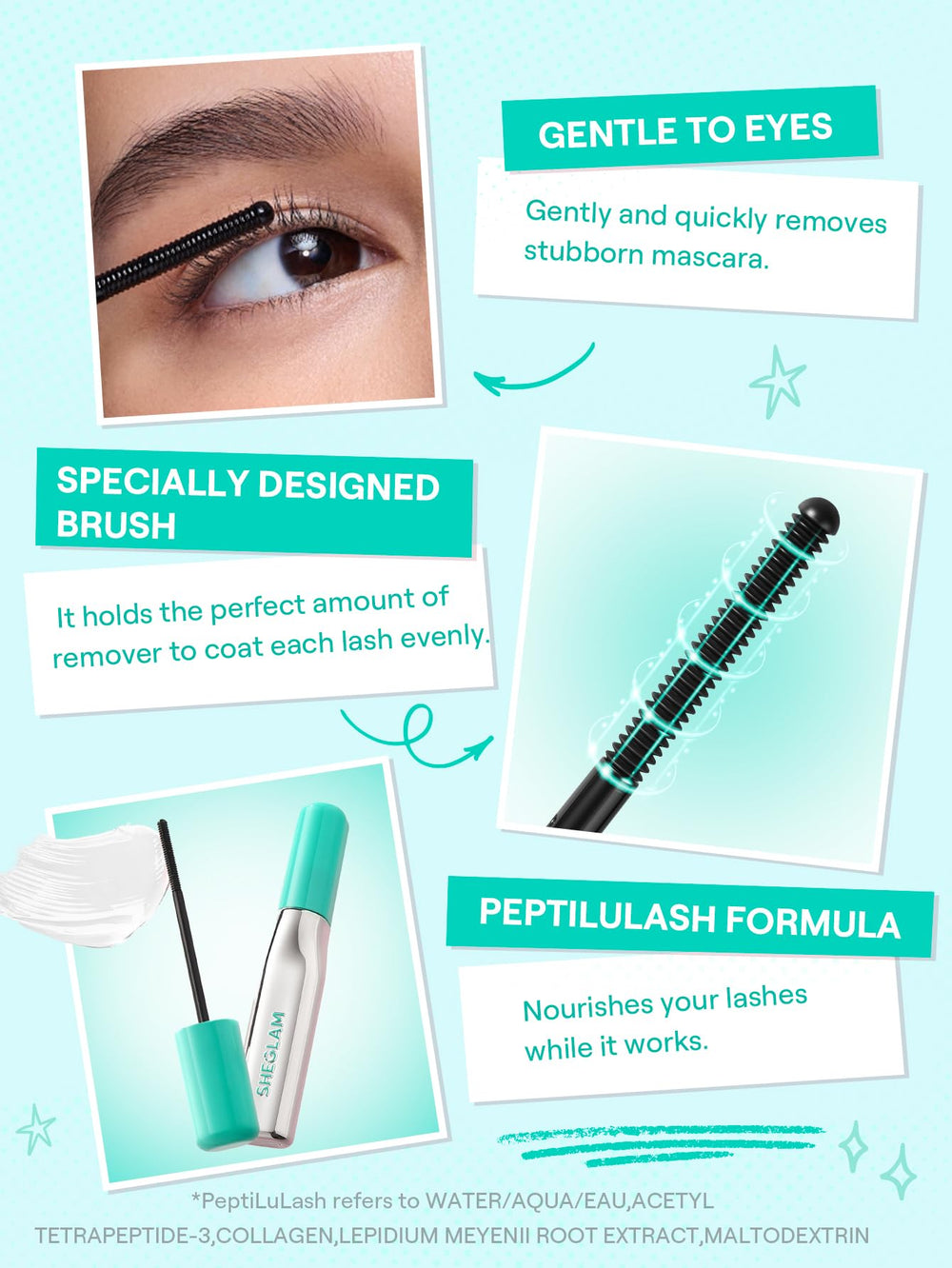 SHEGLAM label detail highlighting Peptilash and cruelty-free statement