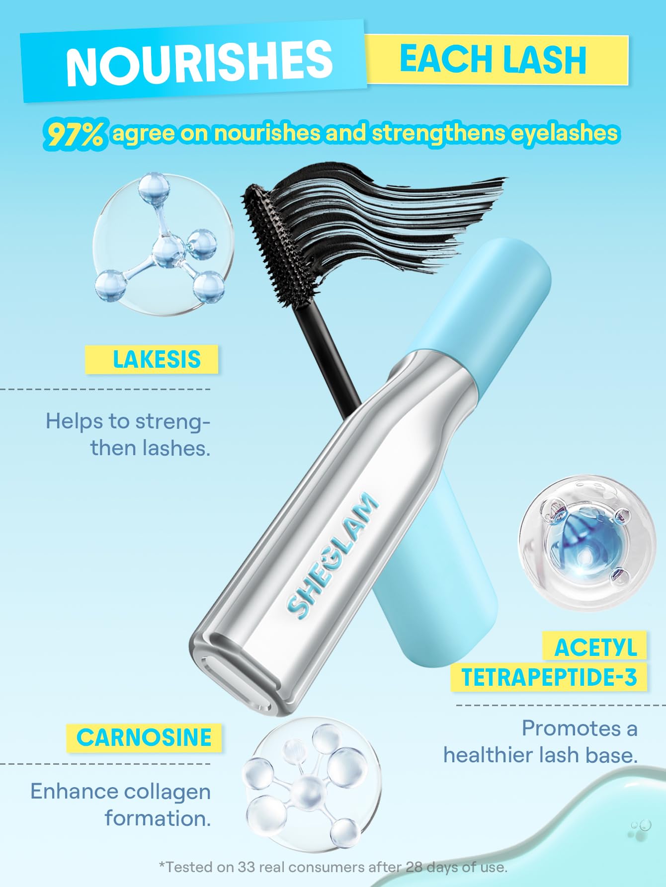 SHEGLAM Lashlighter close-up of tubing film on lashes for smudge resistance