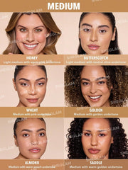 SHEGLAM foundation lifestyle image in Wheat shade illustrating natural skin finish
