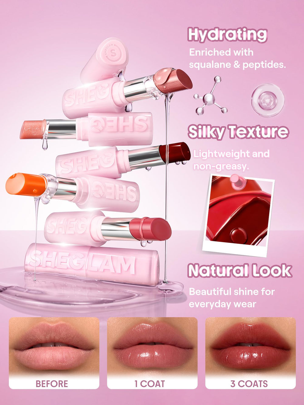SHEGLAM lip balm on model lips demonstrating glossy berry finish and plumping look