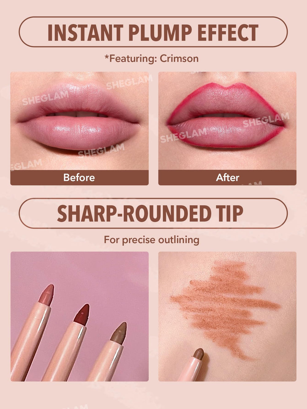 SHEGLAM swatches on lips showing rich pigment and lasting matte benefit