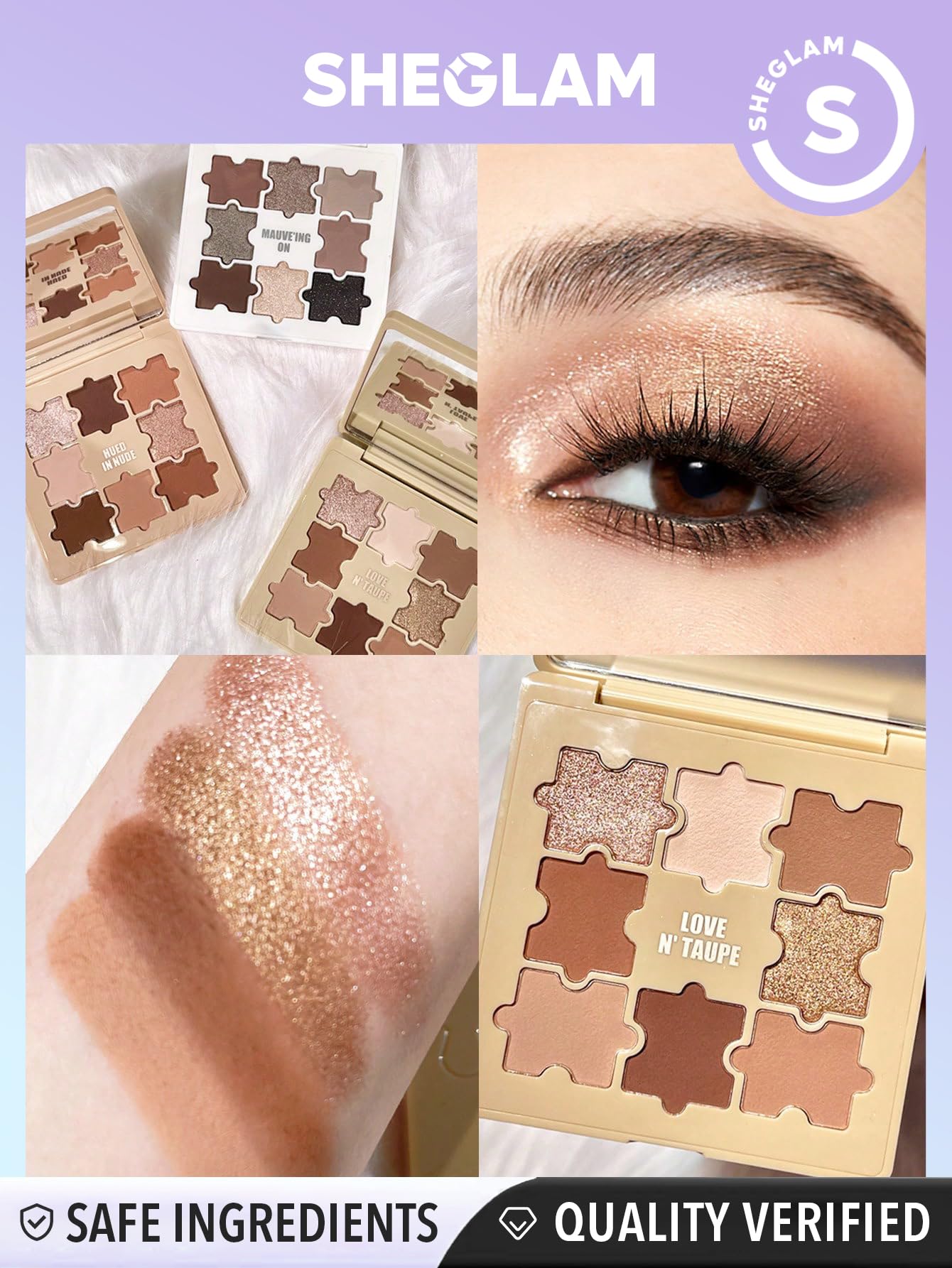 SHEGLAM Love N' Taupe open palette flatlay displaying eight blendable taupe and mauve shades