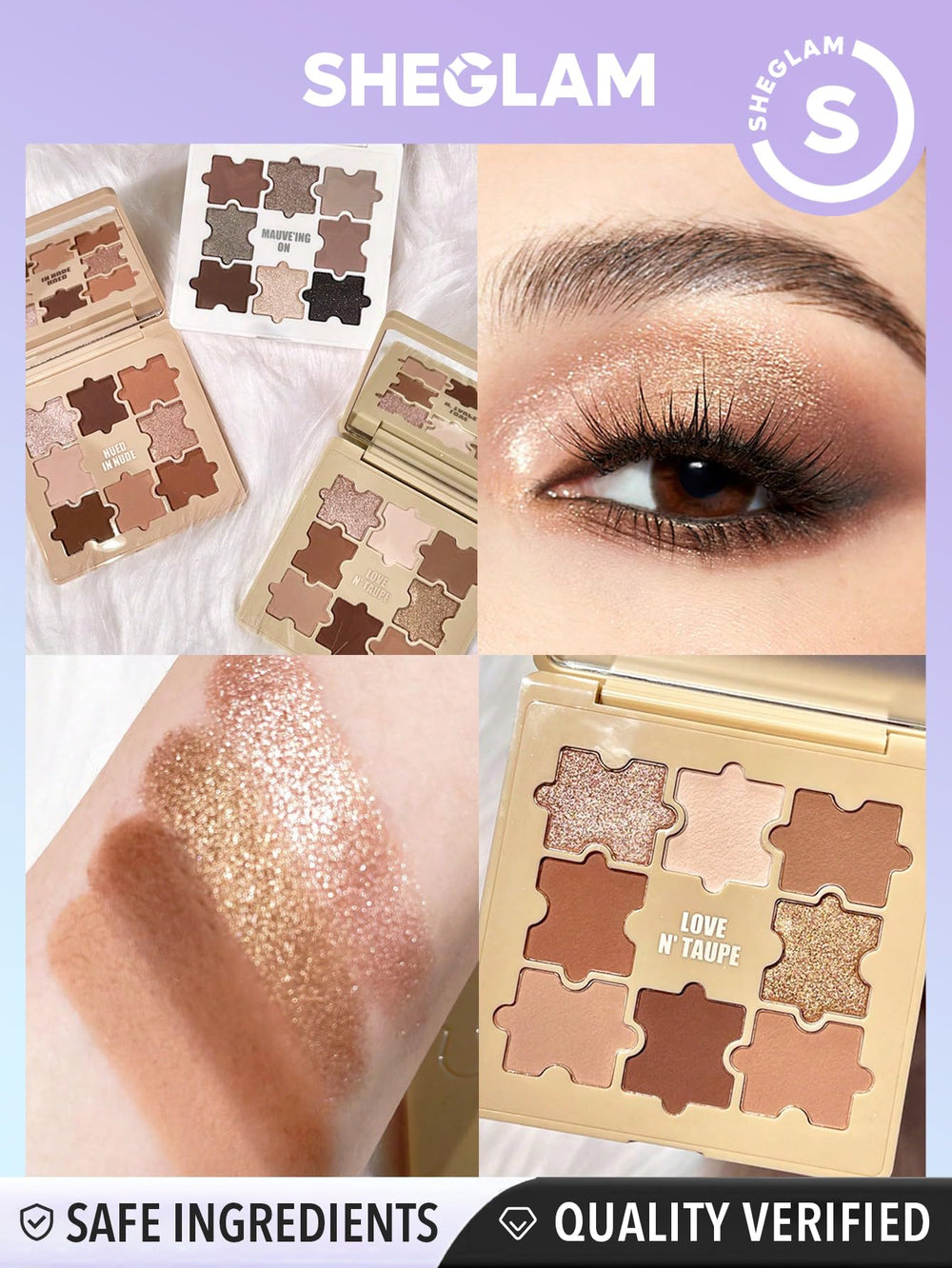 SHEGLAM Love N' Taupe open palette flatlay displaying eight blendable taupe and mauve shades