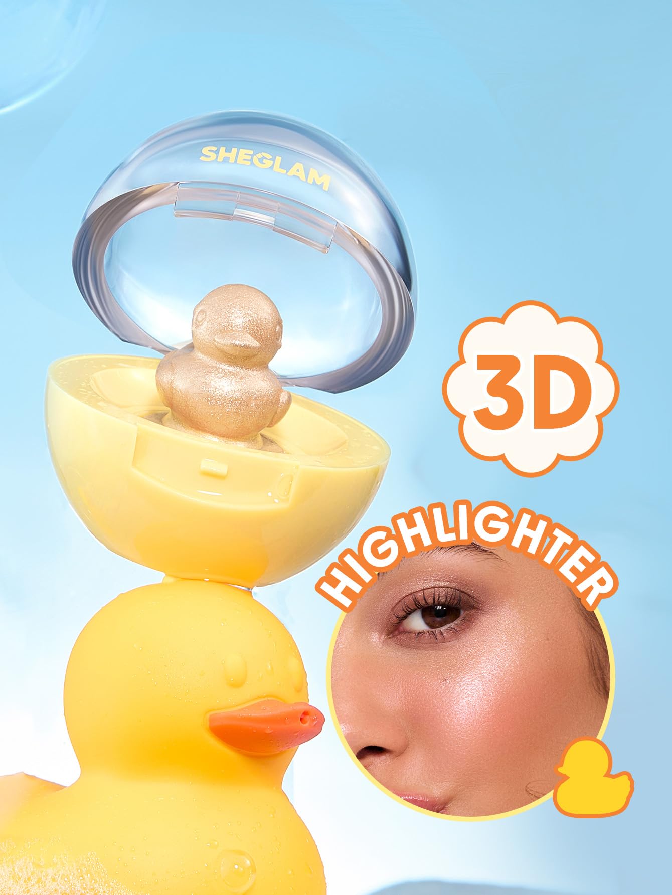 SHEGLAM Lucky Duck texture closeup illustrating fine champagne shimmer for natural glow