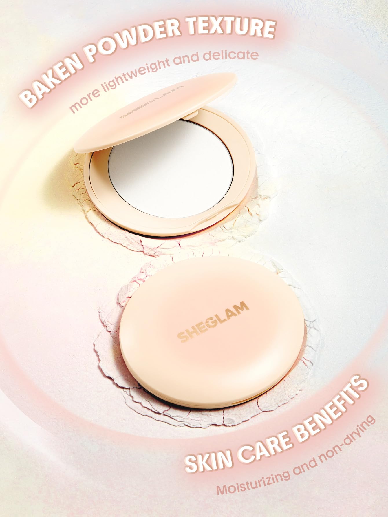 SHEGLAM powder texture close-up shows baked smooth finish and lightweight feel
