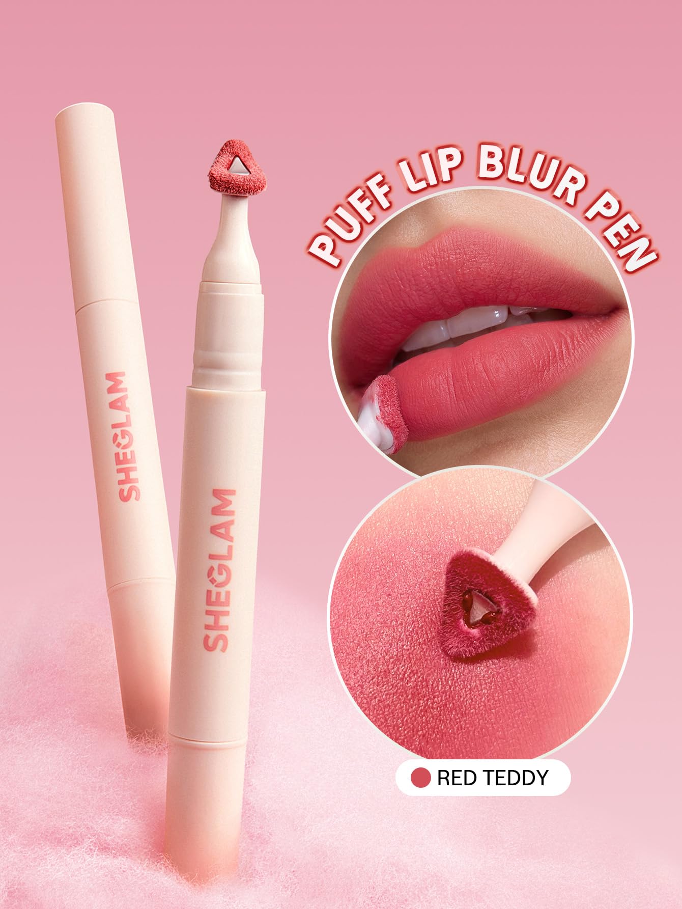 SHEGLAM lip swatch closeup of Red Teddy showing cloud-blurred matte effect
