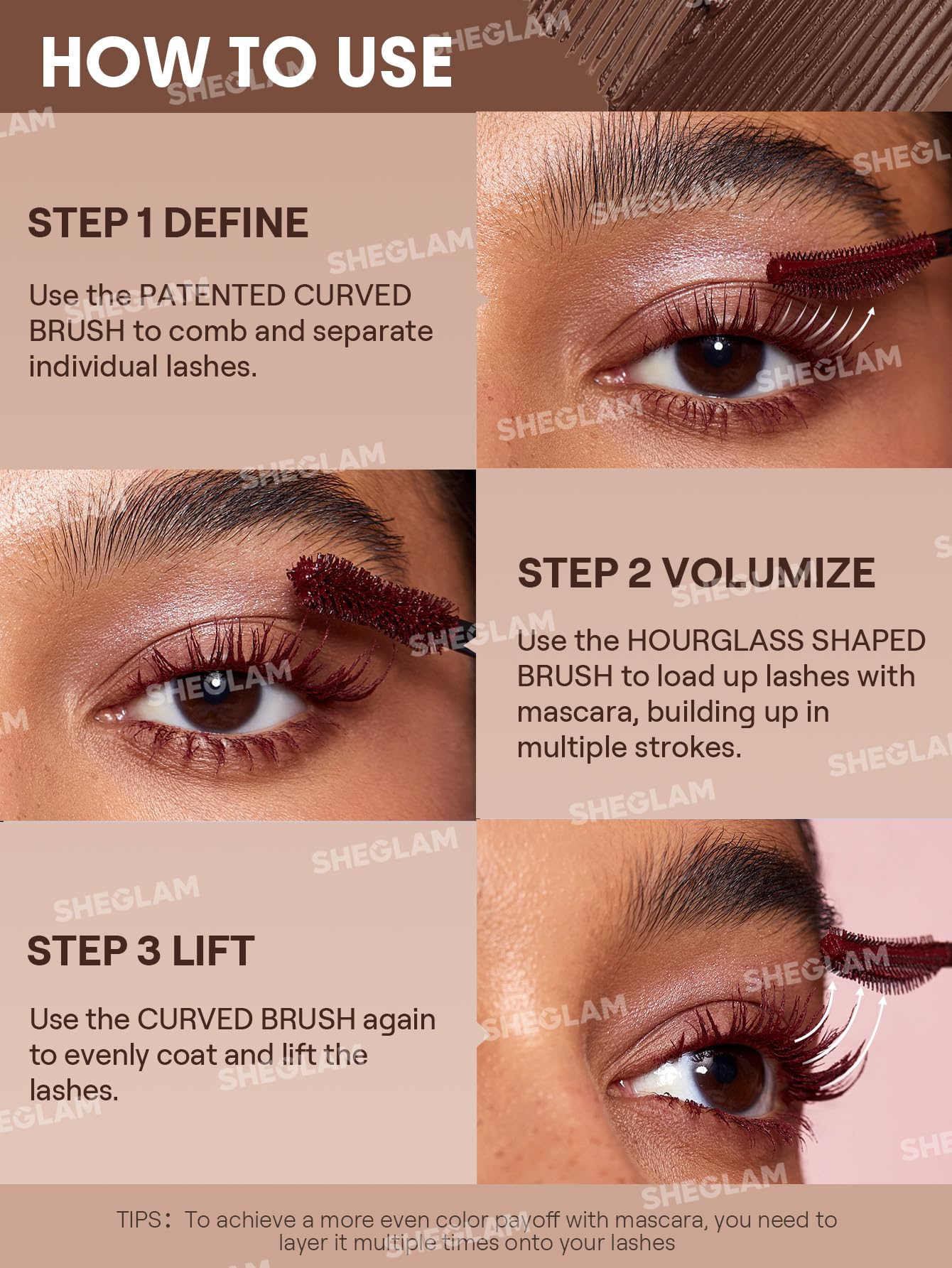 SHEGLAM mascara Macchiato before and after lashes demonstrating lift and fullness