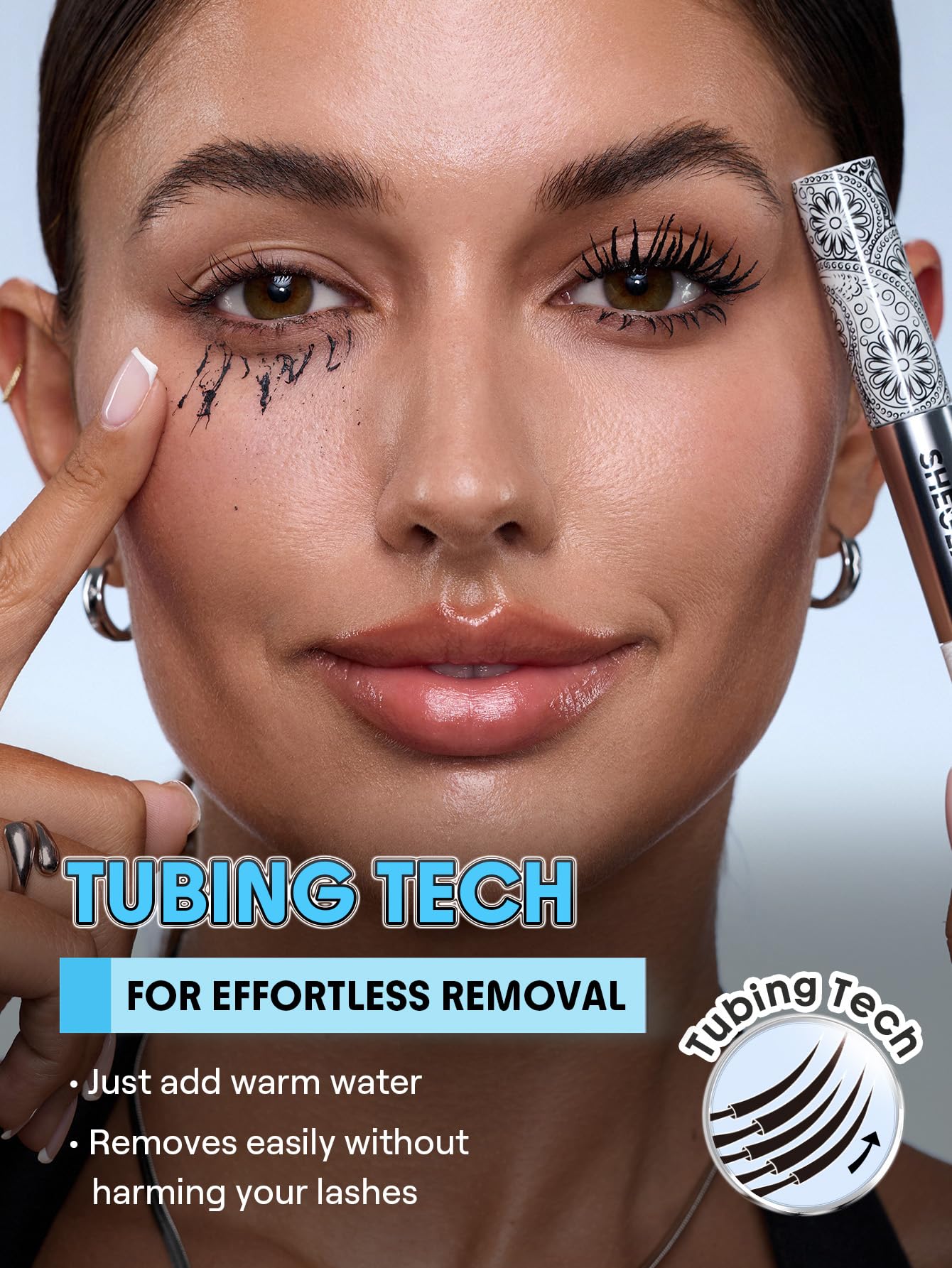 SHEGLAM model before-and-after lashes with primer and tubing mascara, visible length
