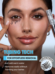 SHEGLAM model before-and-after lashes with primer and tubing mascara, visible length