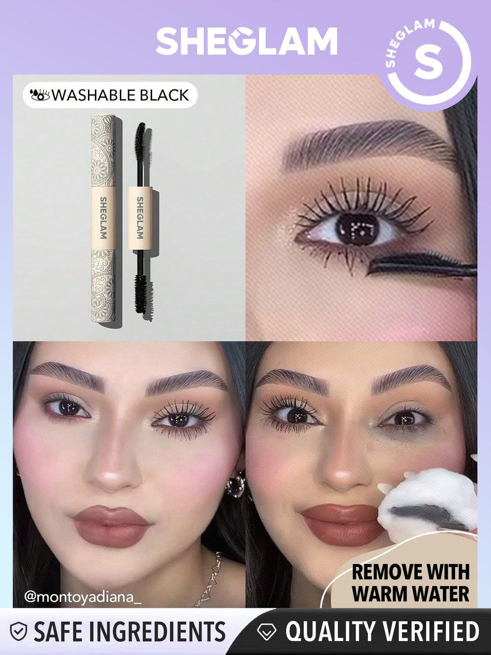 SHEGLAM removal demonstration with warm water showing easy, gentle cleansing