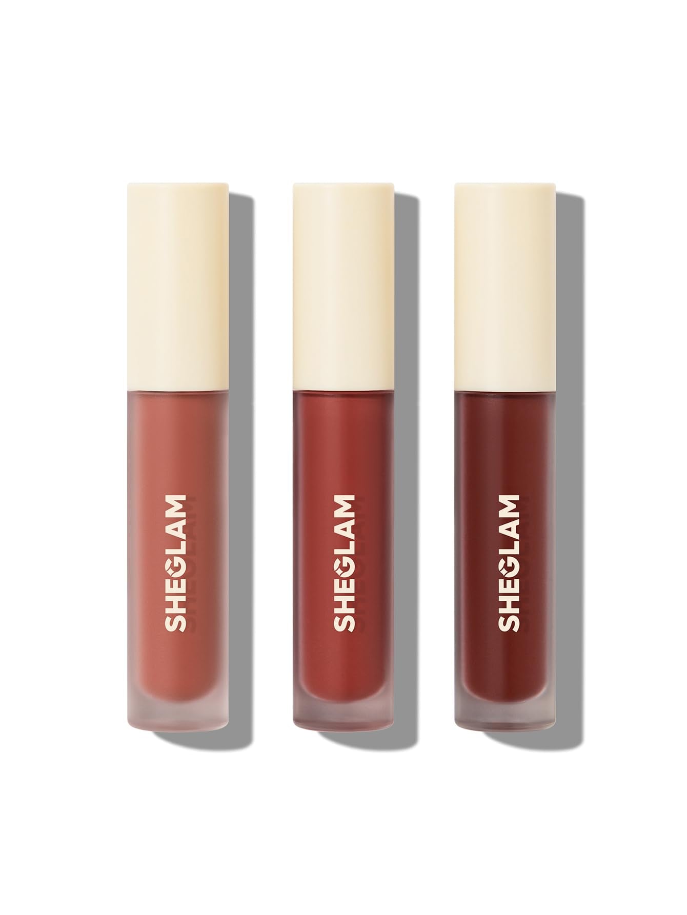SHEGLAM front packaging showing three mini liquid lipsticks and shades, perfect for travel