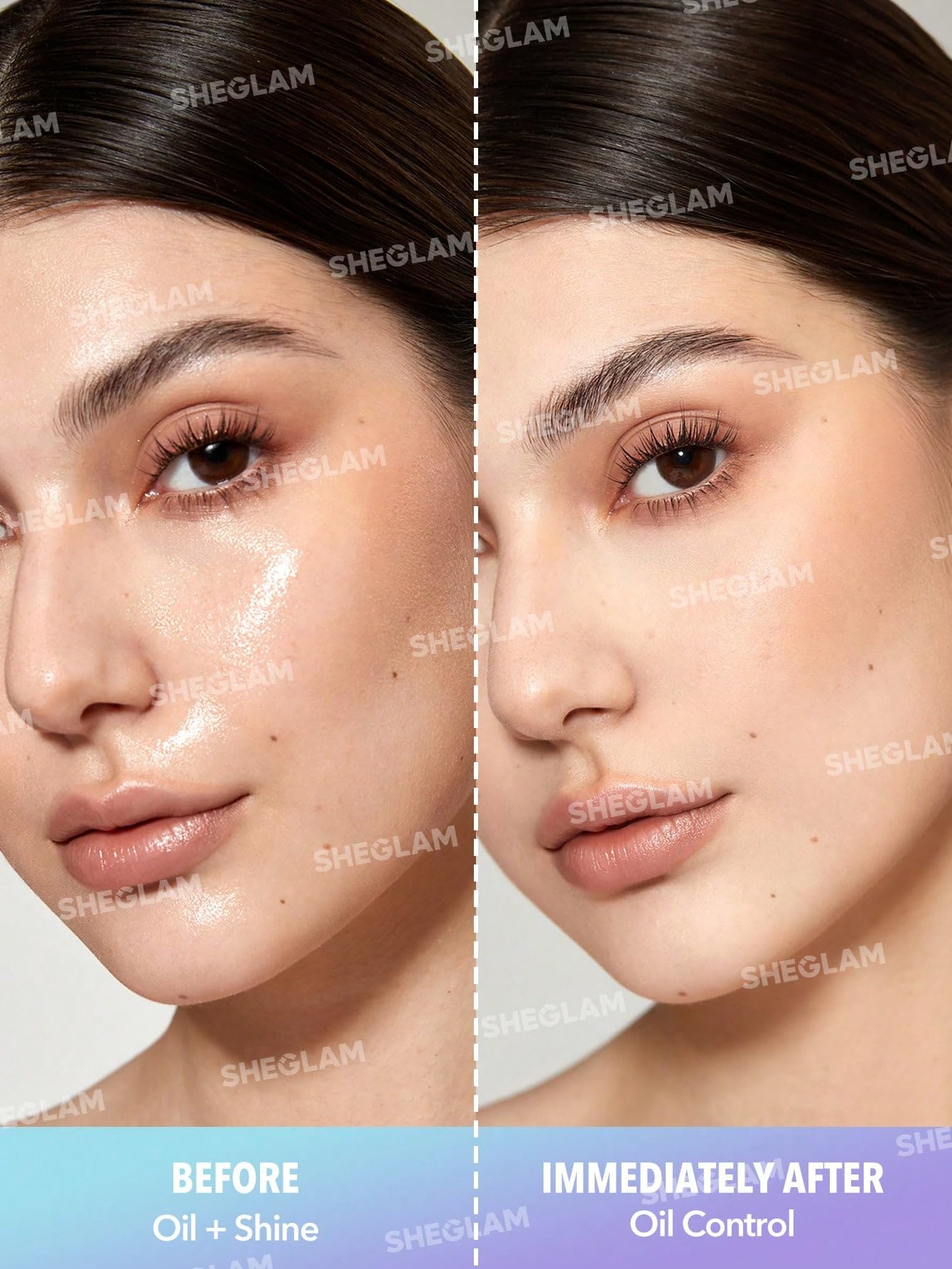 SHEGLAM matte finish on skin close-up showing reduced shine benefit