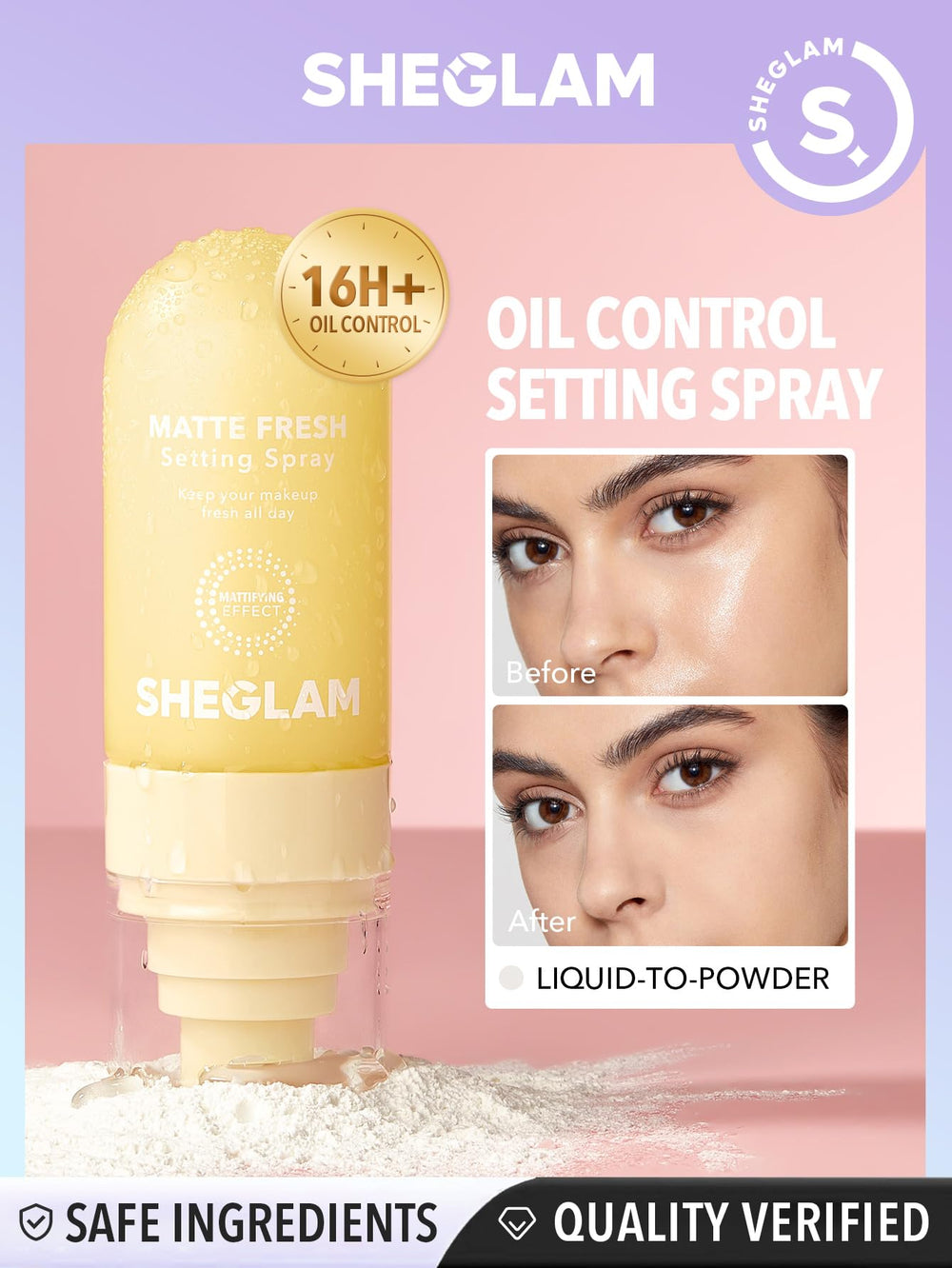 SHEGLAM ultra-fine mist close-up demonstrating even spray and fast dry benefit
