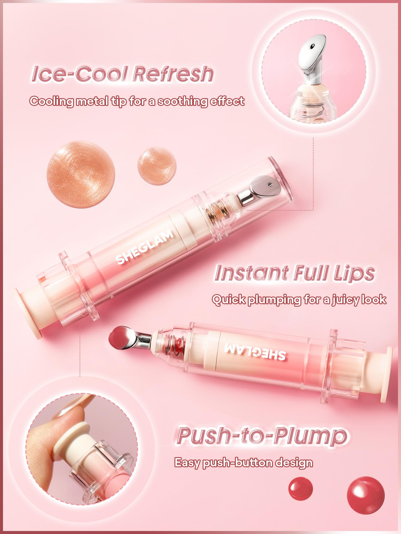 SHEGLAM metal applicator close-up delivering precise, smooth gloss application
