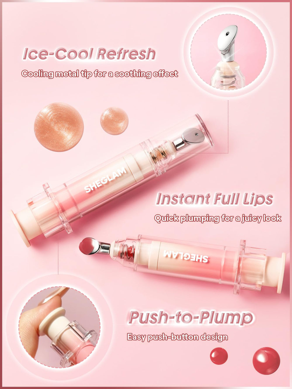 SHEGLAM metal applicator close-up delivering precise, smooth gloss application