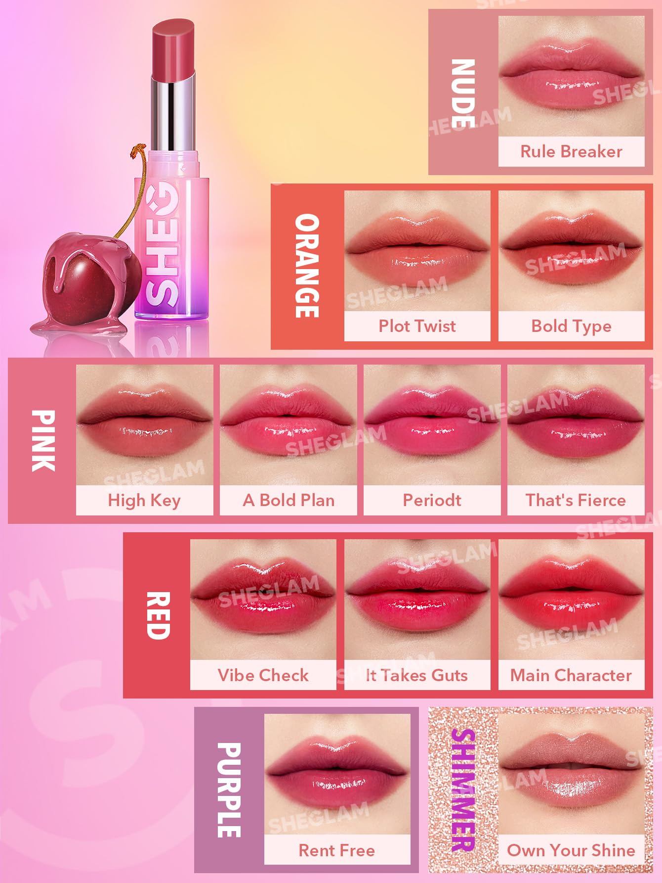 SHEGLAM Mirror Kiss back label close-up listing ingredients and benefits