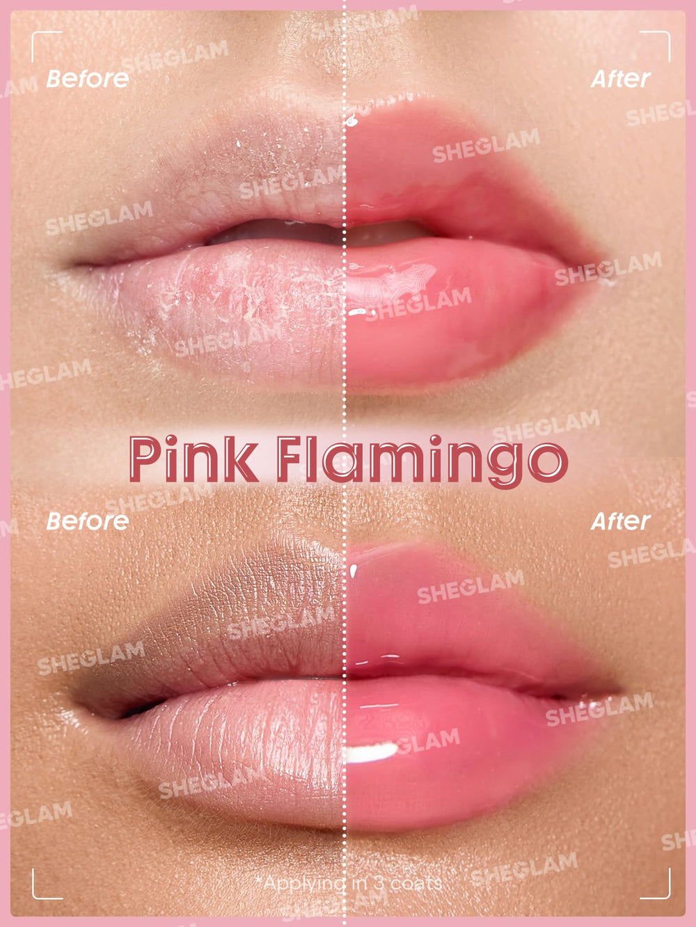 SHEGLAM Pink Flamingo on lips demonstrating visible shine and plumping benefit