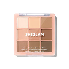 SHEGLAM palette front open showing nine shades and travel-ready benefit