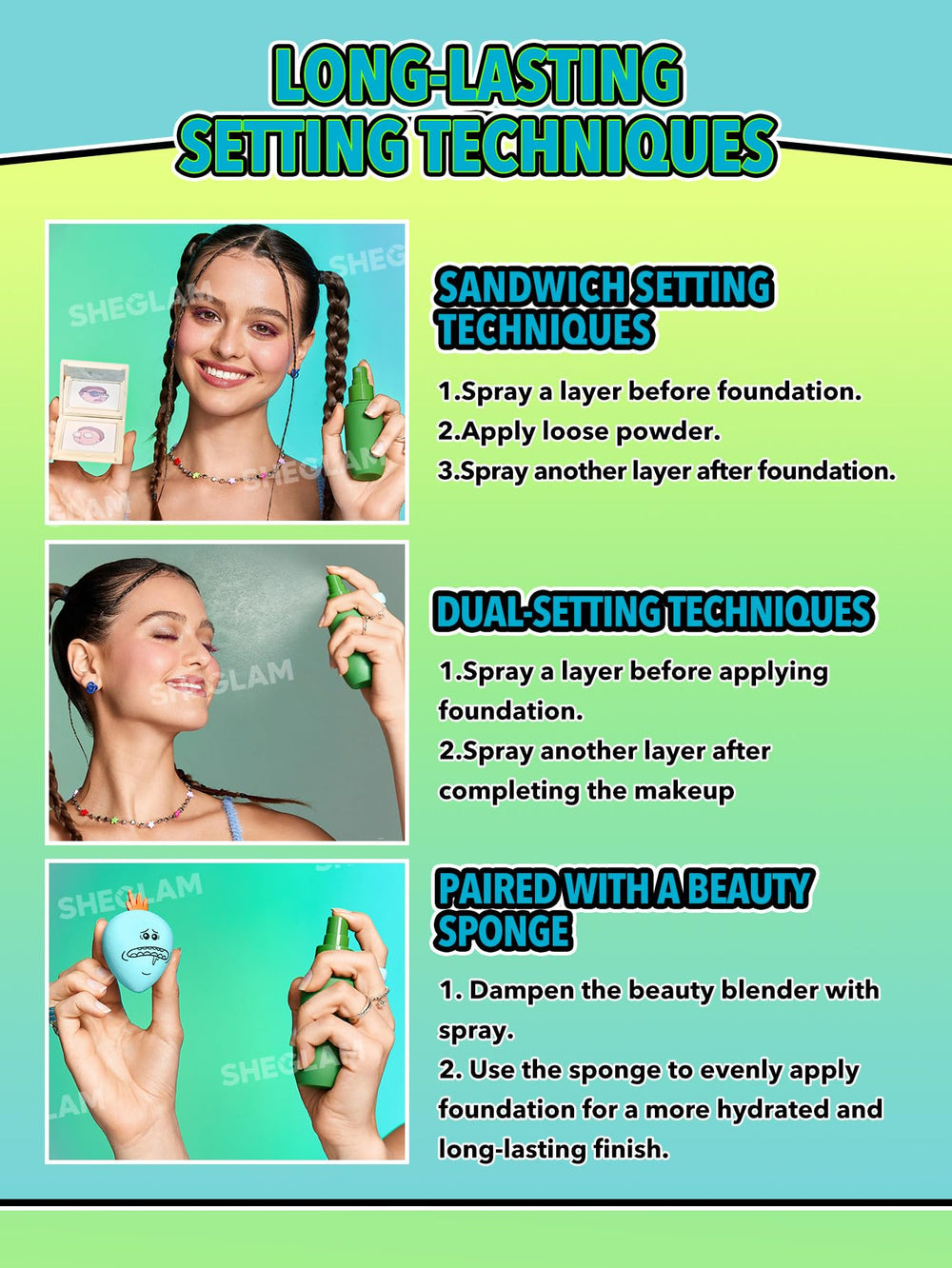 Drop of SHEGLAM spray on hand texture, shows lightweight non-sticky finish