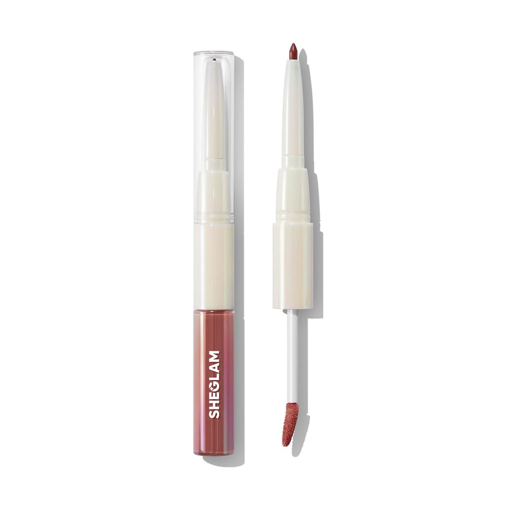 SHEGLAM front packaging showing compact dual-ended lip pen benefit travel-ready