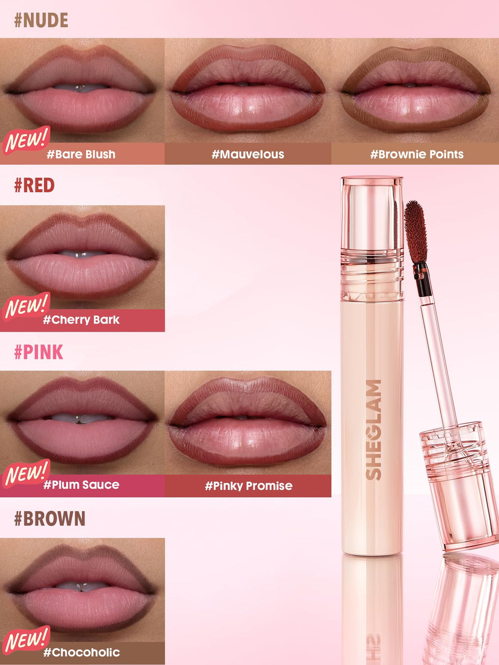 SHEGLAM Plum Sauce ingredients panel showing hyaluronic acid benefit