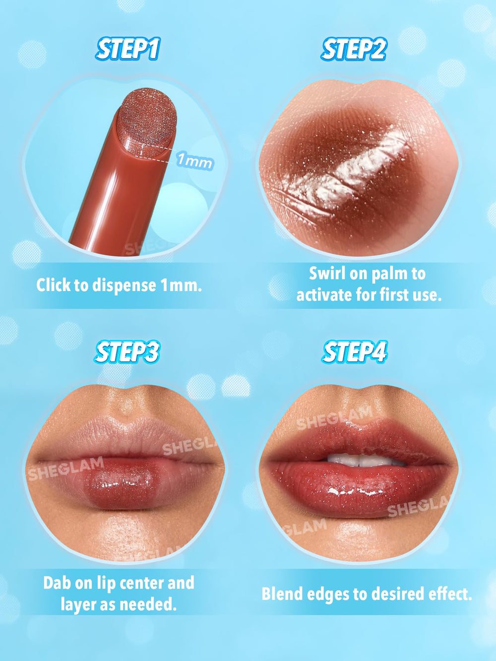 SHEGLAM close-up on lips showcasing reflective shimmer and fuller look