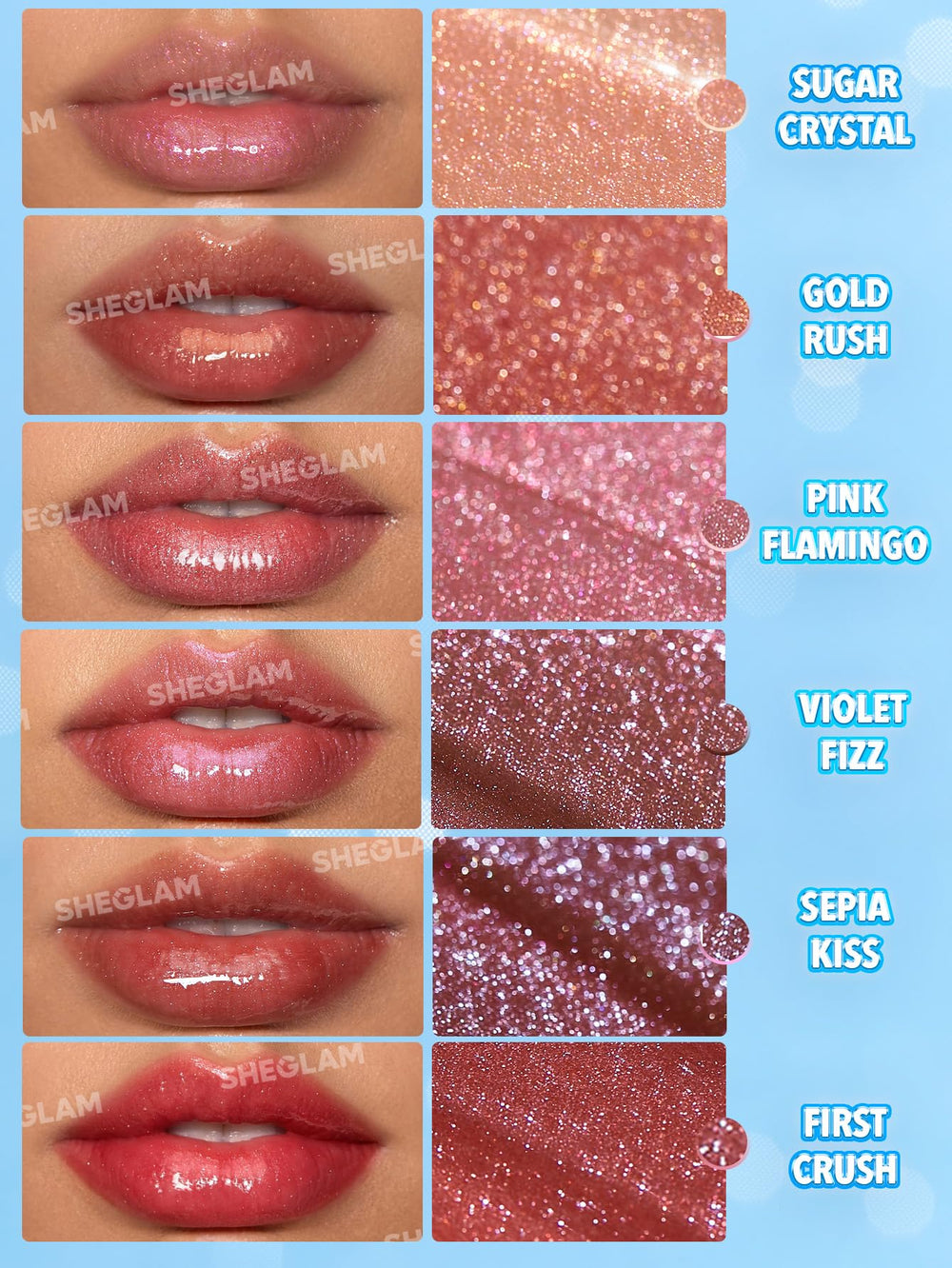 SHEGLAM swatch on forearm highlighting shimmer and high-shine payoff