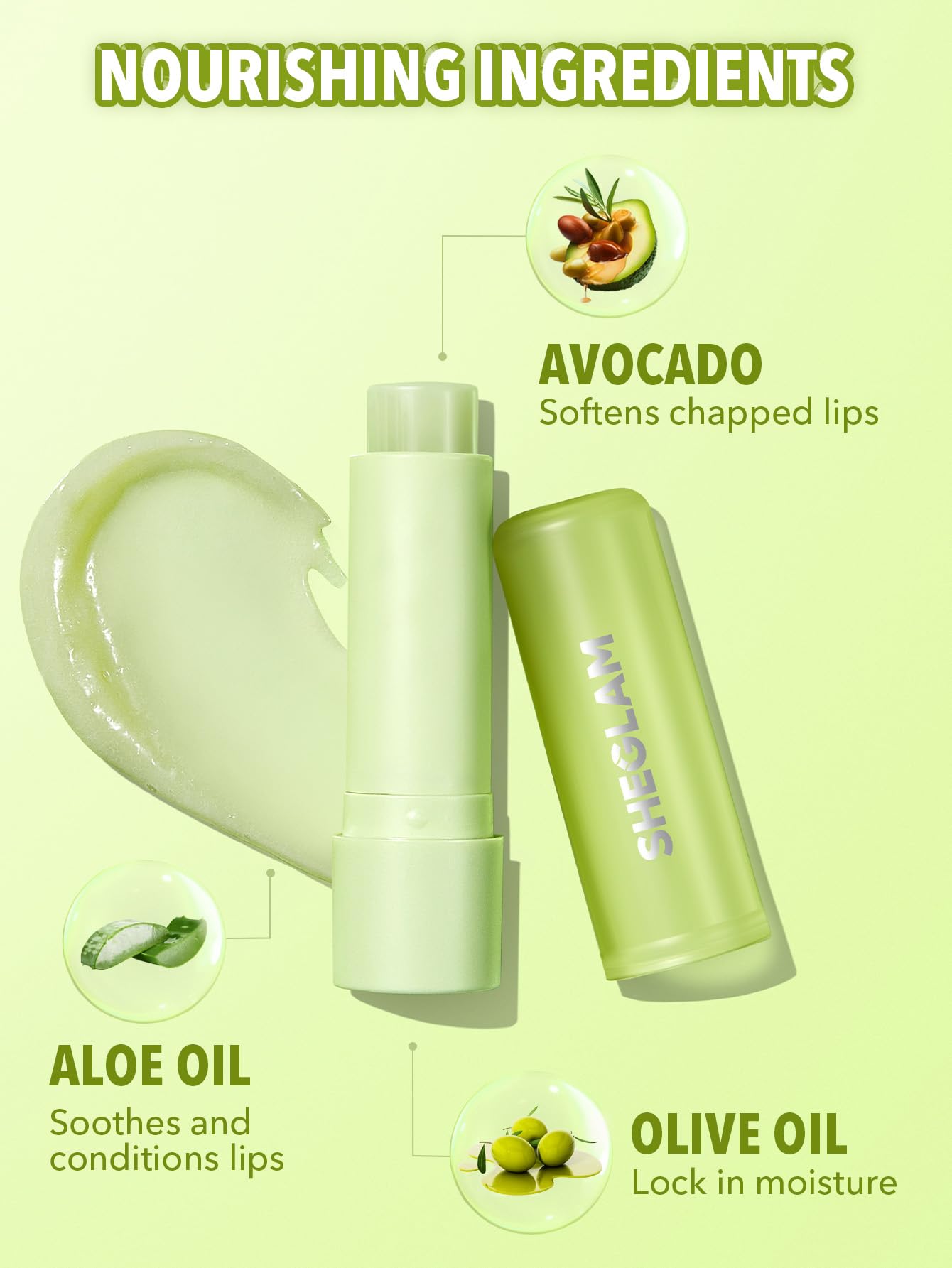 SHEGLAM Pout PHresh Avocado with avocado and aloe visuals highlighting nourishing ingredients benefit: softens lips