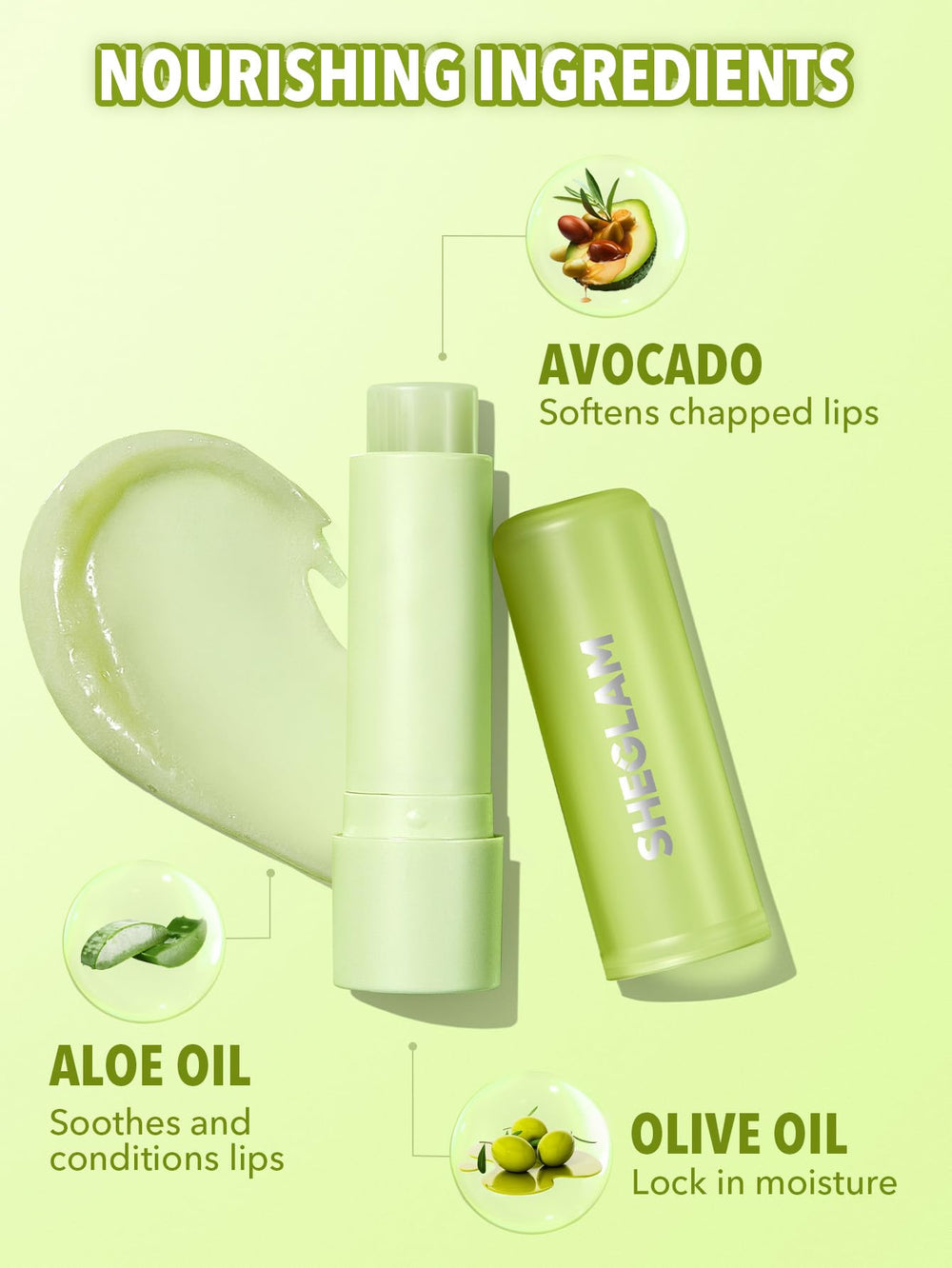 SHEGLAM Pout PHresh Avocado with avocado and aloe visuals highlighting nourishing ingredients benefit: softens lips
