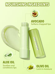 SHEGLAM Pout PHresh Avocado with avocado and aloe visuals highlighting nourishing ingredients benefit: softens lips