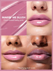 SHEGLAM swatch on lips demonstrating high shine and color payoff
