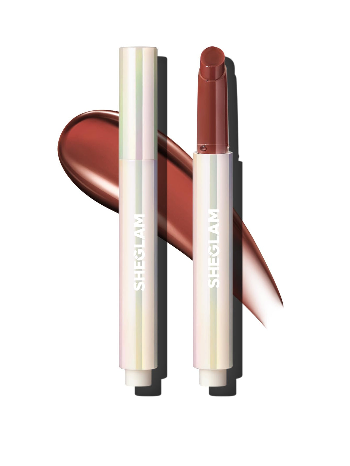 SHEGLAM PoutPerfect Sepia Kiss front view showing stick and glossy top benefit