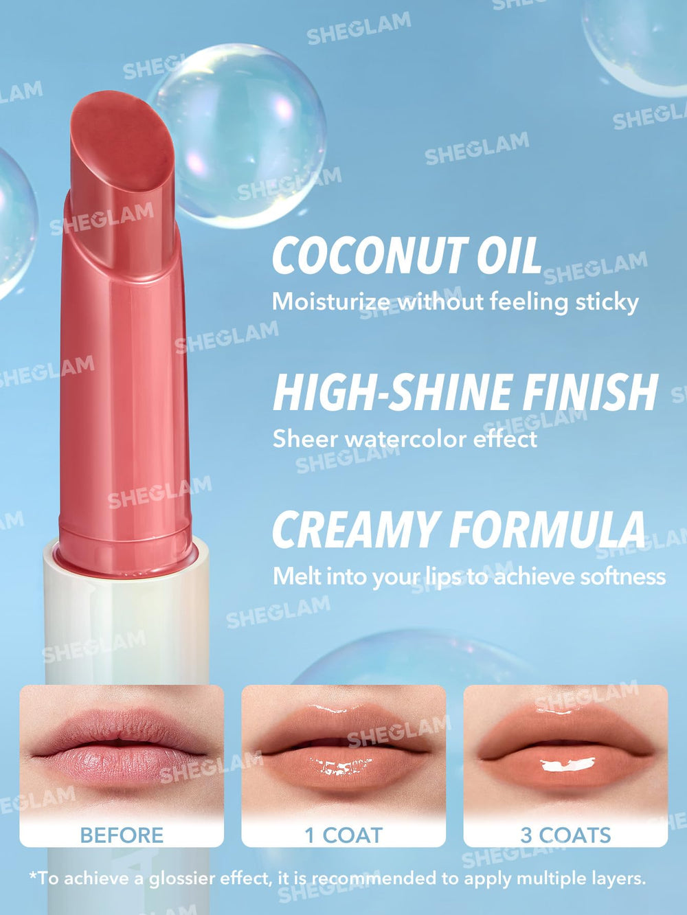 SHEGLAM gloss applied on lips demonstrating juicy shine and comfortable wear