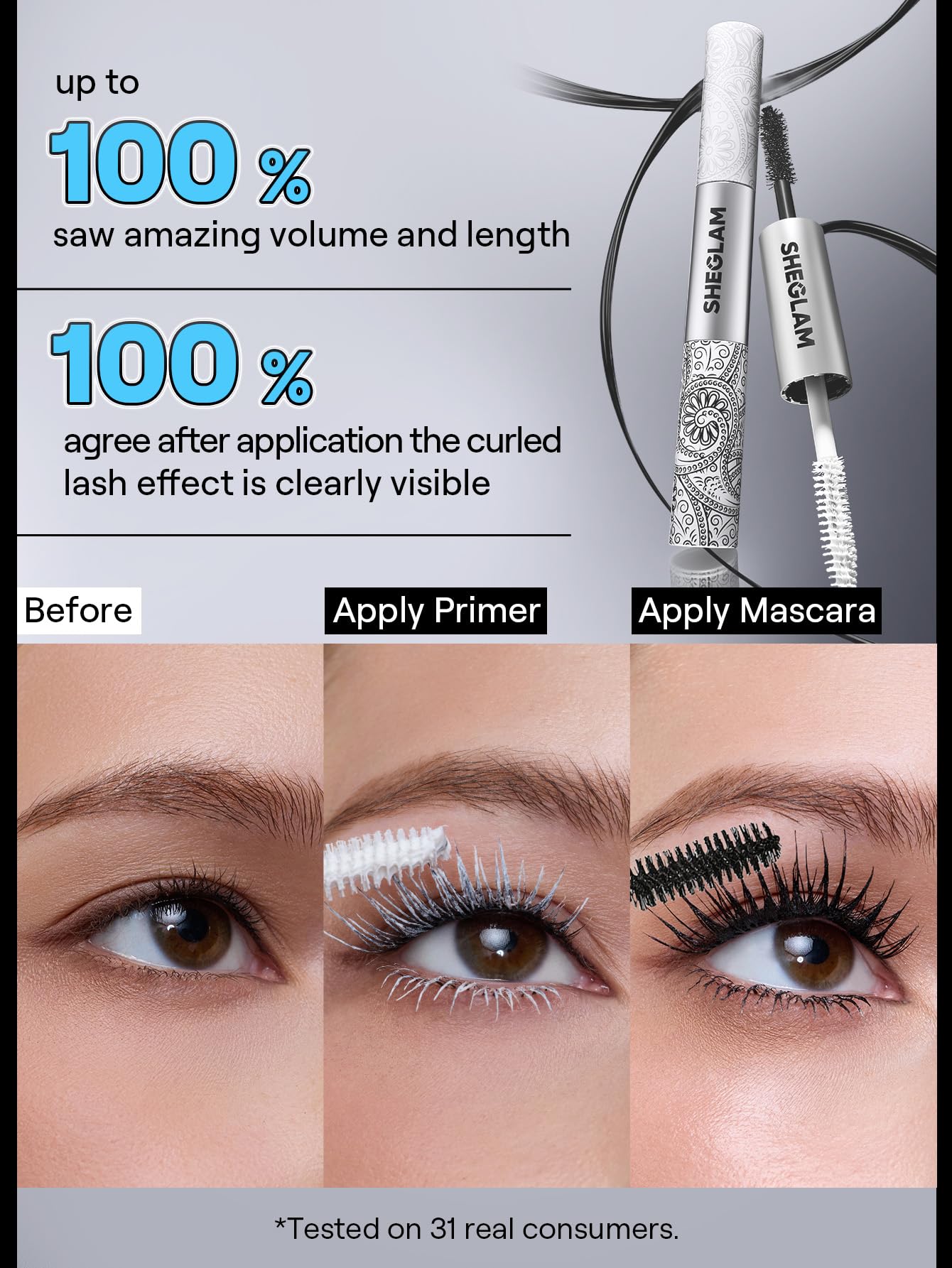 SHEGLAM primer swatch on fingertip, lightweight conditioning for lashes